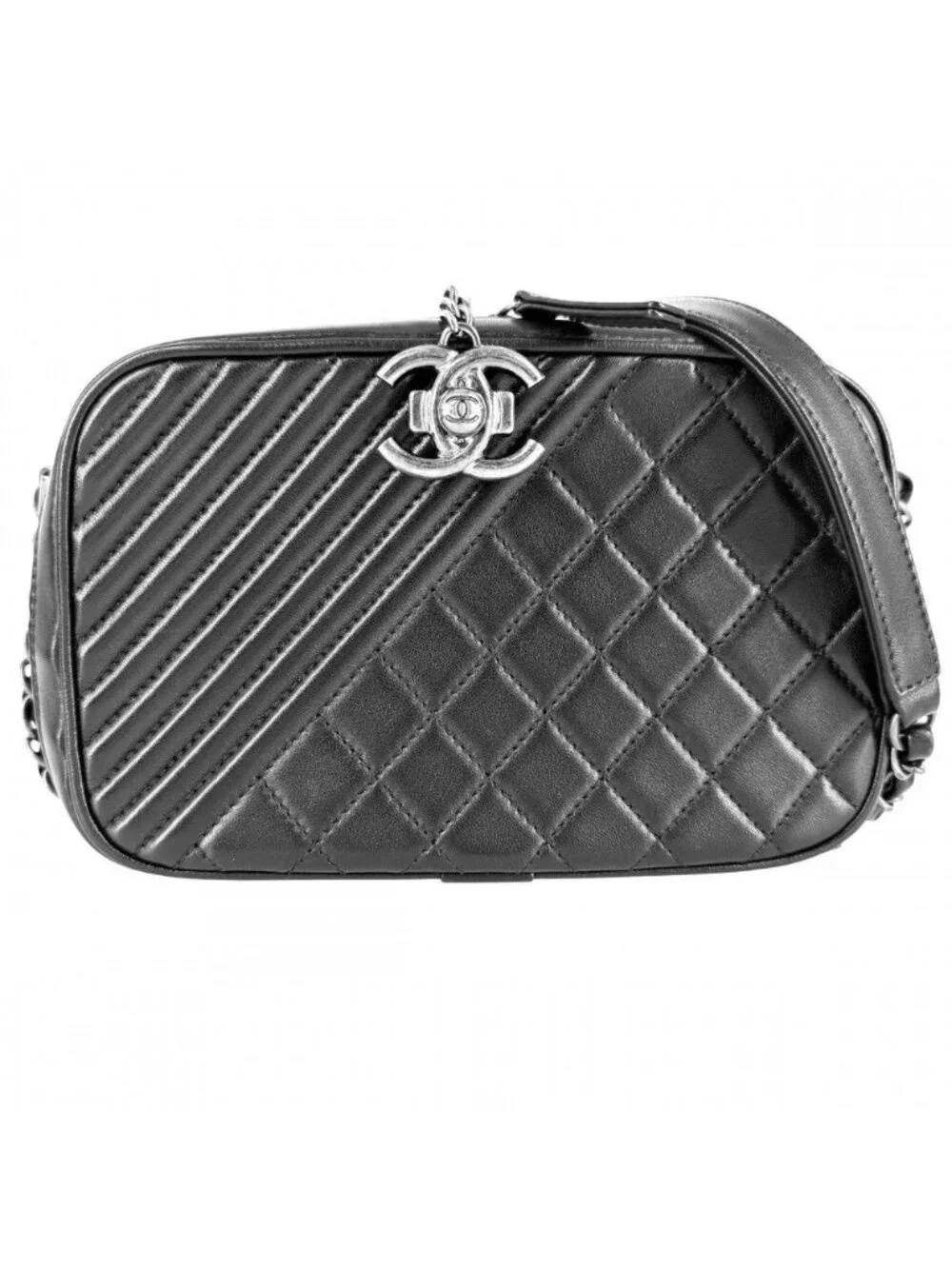 Chanel Shoulder Bag Boy Chain Crossbody CC Logo Leather Black Matte Silver